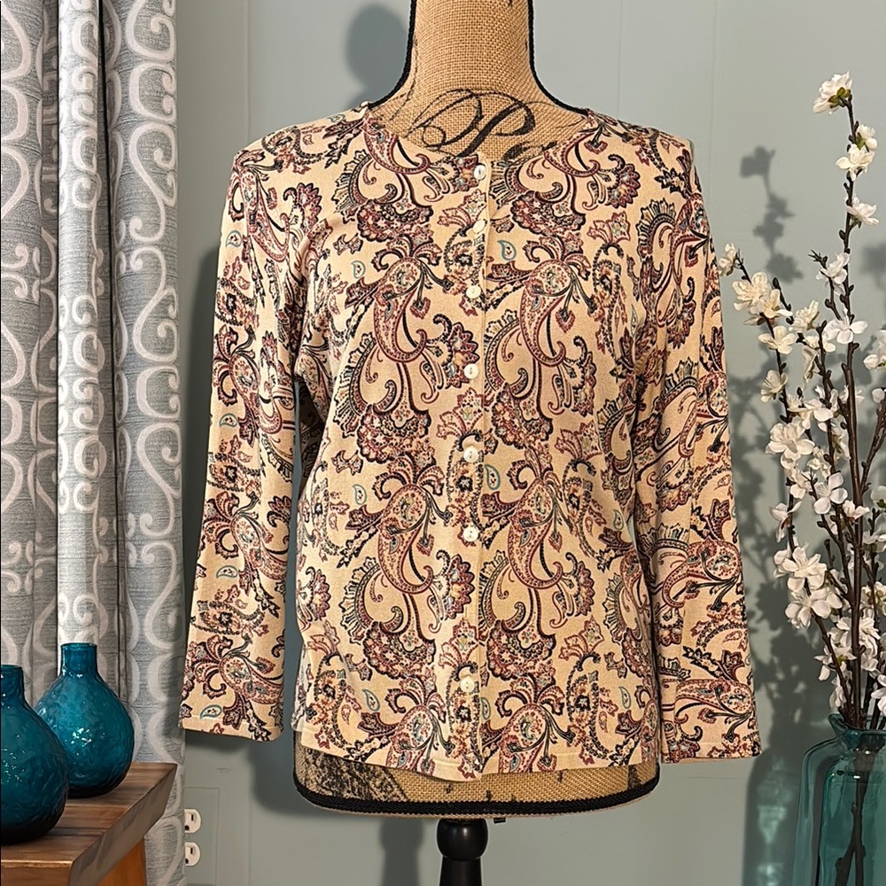 AK Anne Klein Paisley Silk Blend Fine Gauge Cardigan